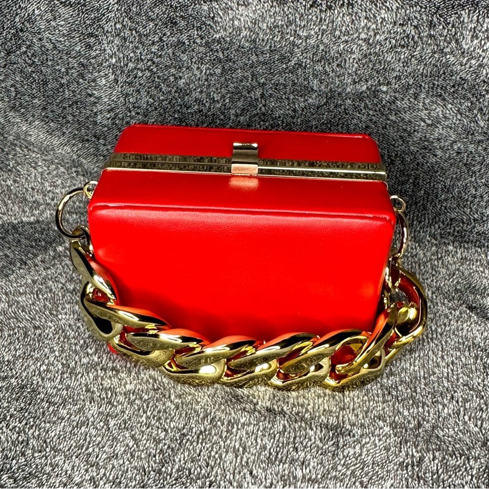 Chic Red Box Clutch with Gold Chain